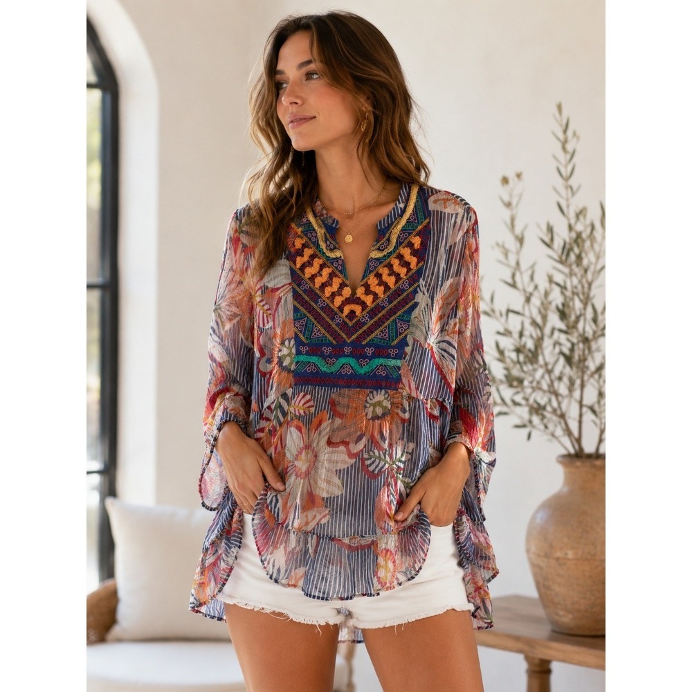 Soft Surroundings Tory Top Blue Floral Sheer Boho Embroidered Pom Pom Tunic 3X - Picture 2 of 11